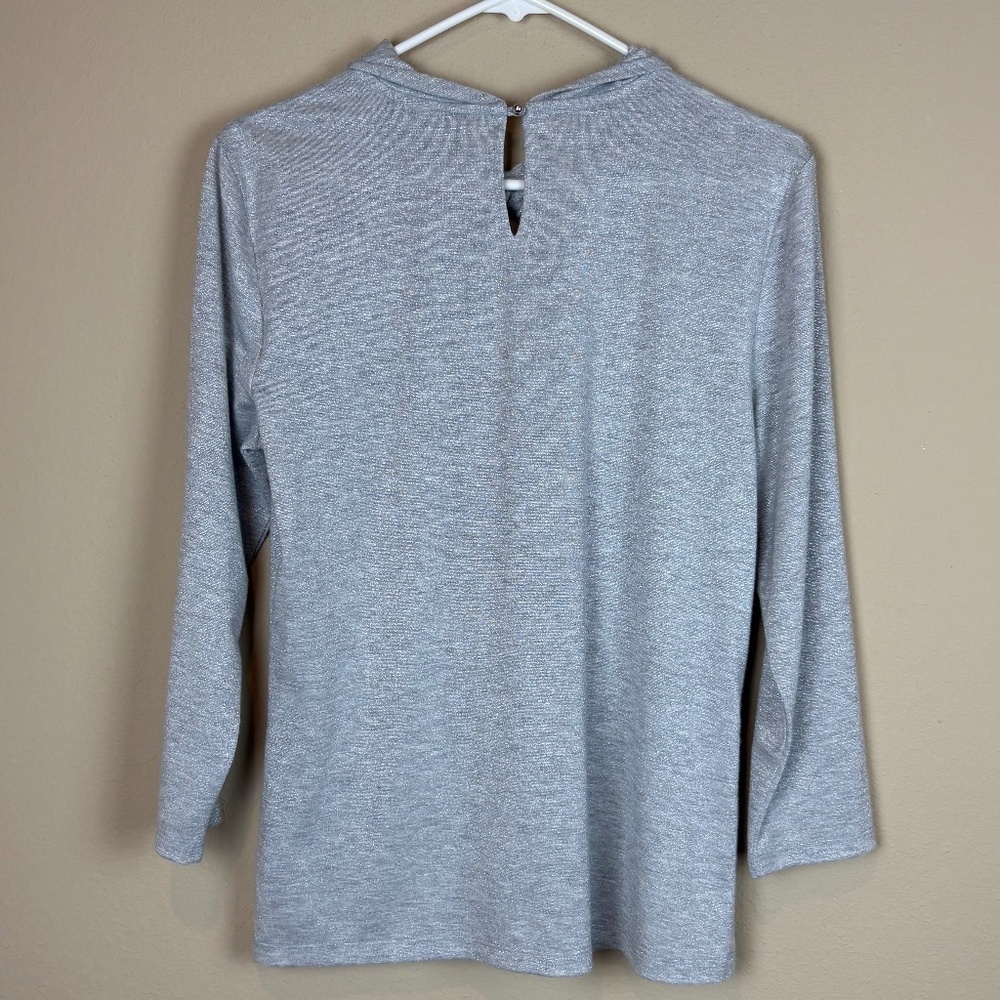 Karl Lagerfeld Paris Silver Shimmer Pleated Front/Keyhole Knit 3/4 Sleeve Blouse - Picture 6 of 10